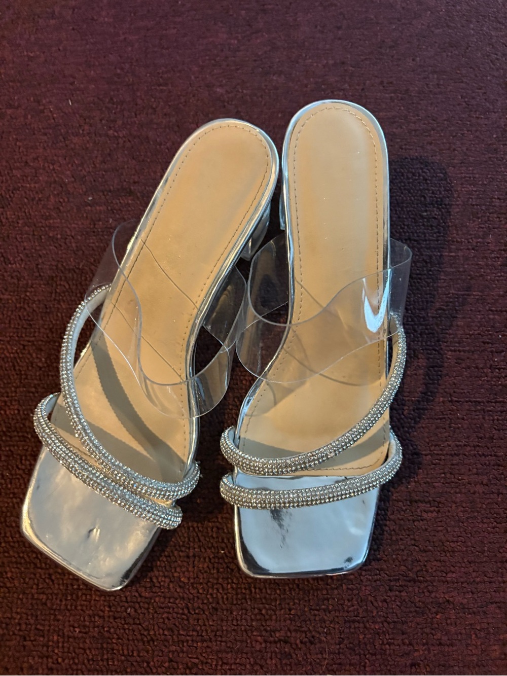 New York & Company Clear Rhinestone Strap Slide Sandals - Silver